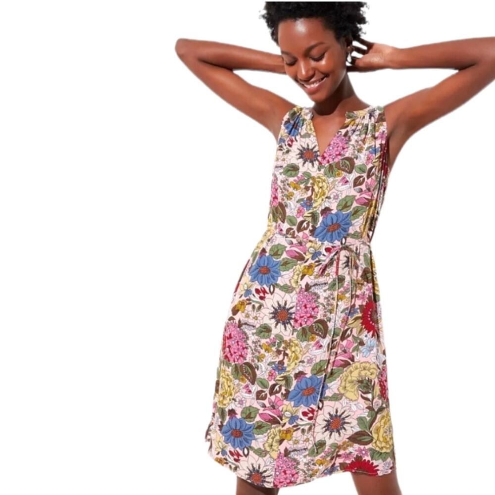 LOFT Bright Floral Sleeveless V-Neck Belted Dress - Size Small